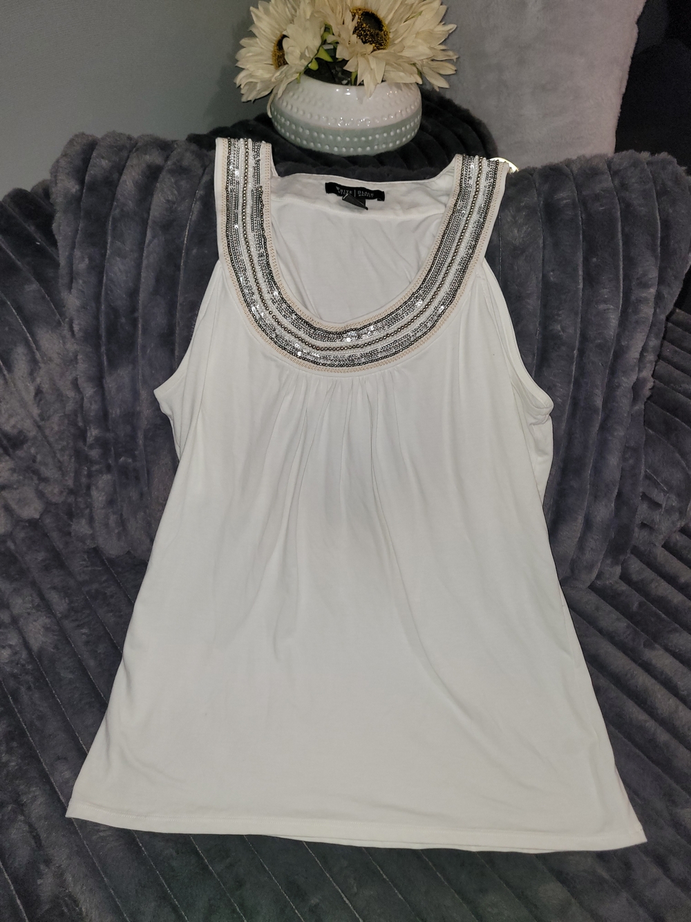 White House Black Market White Beaded Scoop Neck Tank
